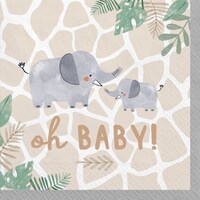 Jungle Baby "Oh Baby" Elephant Square Paper Disposable Beverage Napkins, Beige, 5-in, 16-pk, 2-ply, for Baby Shower/Gender Reveal