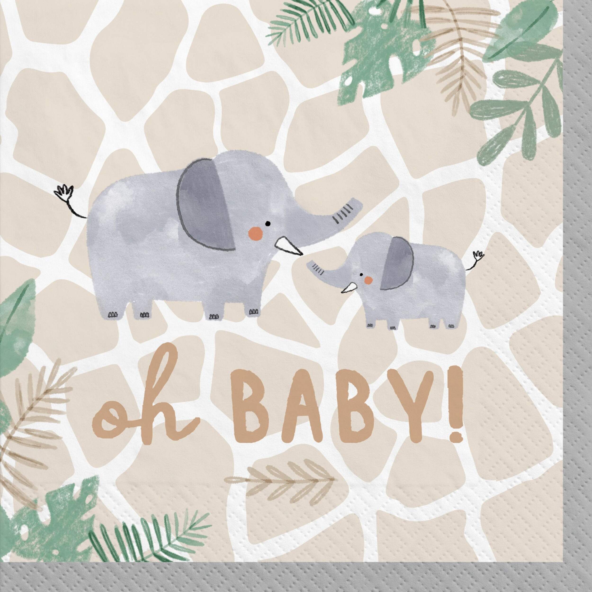 Jungle Baby "Oh Baby" Elephant Square Paper Disposable Beverage Napkins, Beige, 5-in, 16-pk, 2-ply, for Baby Shower/Gender Reveal Front_Flat