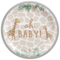 Jungle Baby "Oh Baby" Giraffe Round Paper Disposable Dessert Plates, Beige, 7-in, 8-pk, for Baby Shower/Gender Reveal Party Supplies