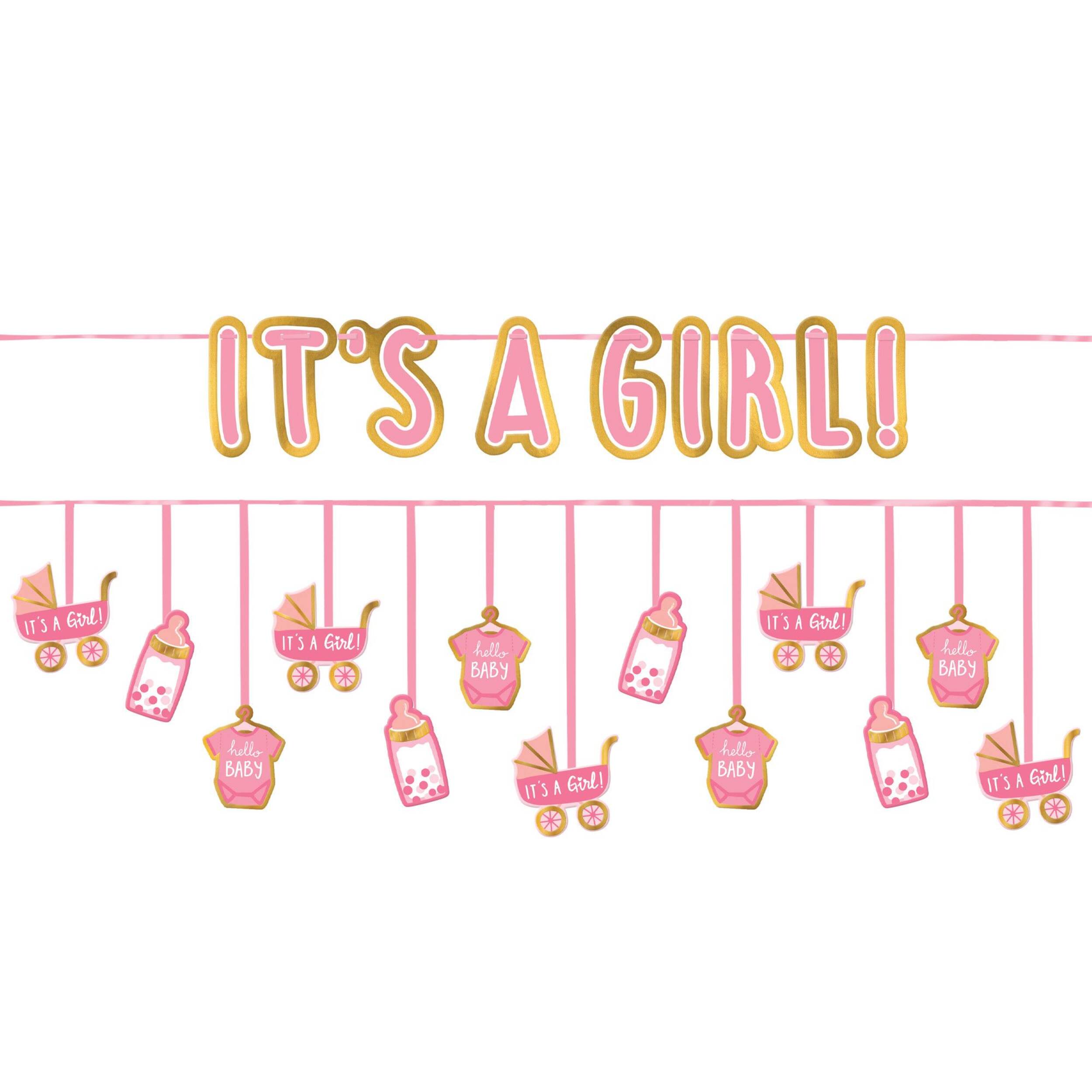 "It's a Girl" Strollers/Bottles/Onesies Hanging Garland Banner Decoration, Pink, 1-ft, 2-pk, for Baby Shower Front_Flat