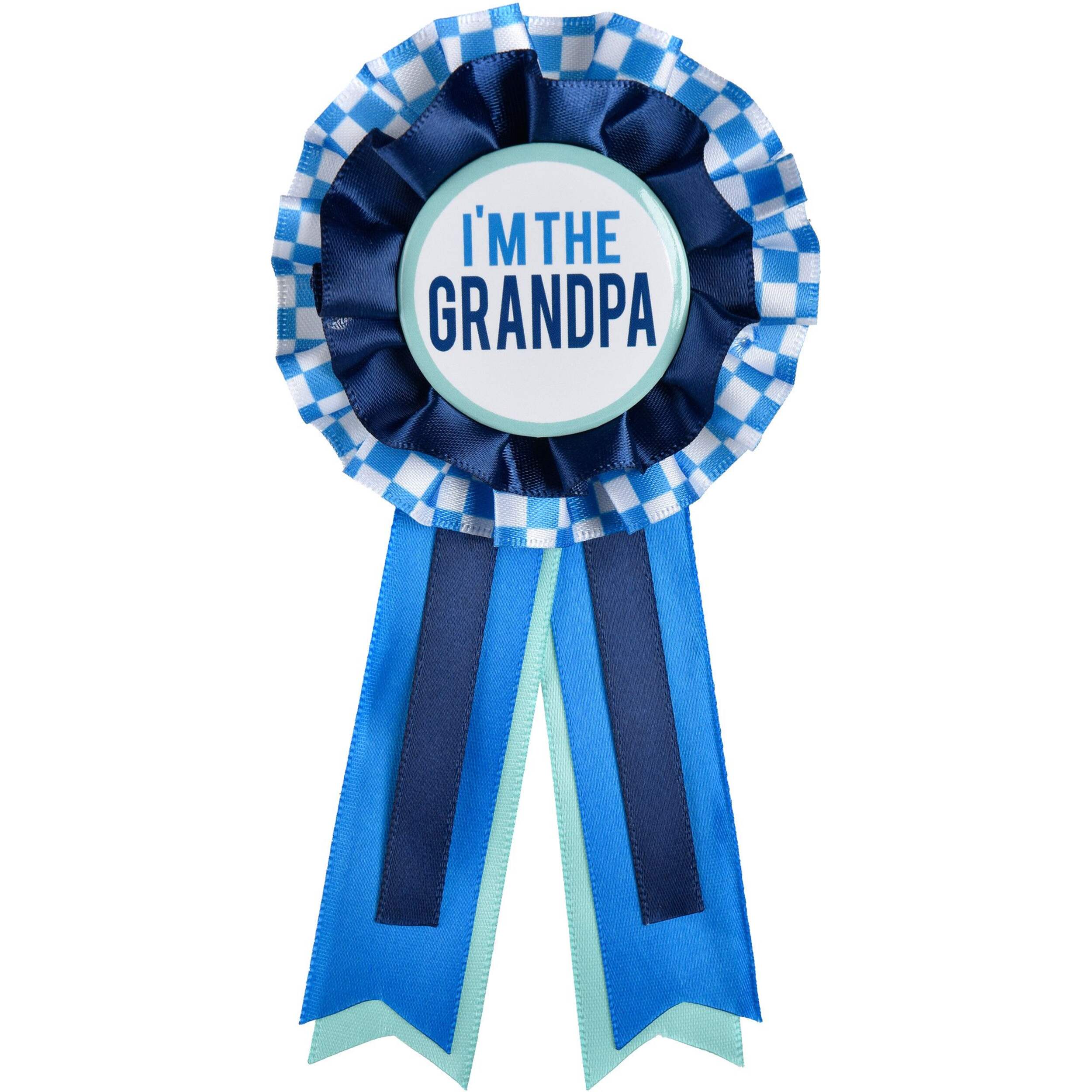 I'm The Grandpa Award Ribbon, Blue Checkered, One Size, Wearable Baby Shower Accessory/Gender Reveal Front_Flat