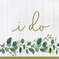 Eucalyptus "I Do" Square Paper Disposable Lunch Napkins, Gold/Green/White, 6.5-in,16-pk, 2-ply, for Bachelorette/Bridal Shower/Engagement Front_Flat