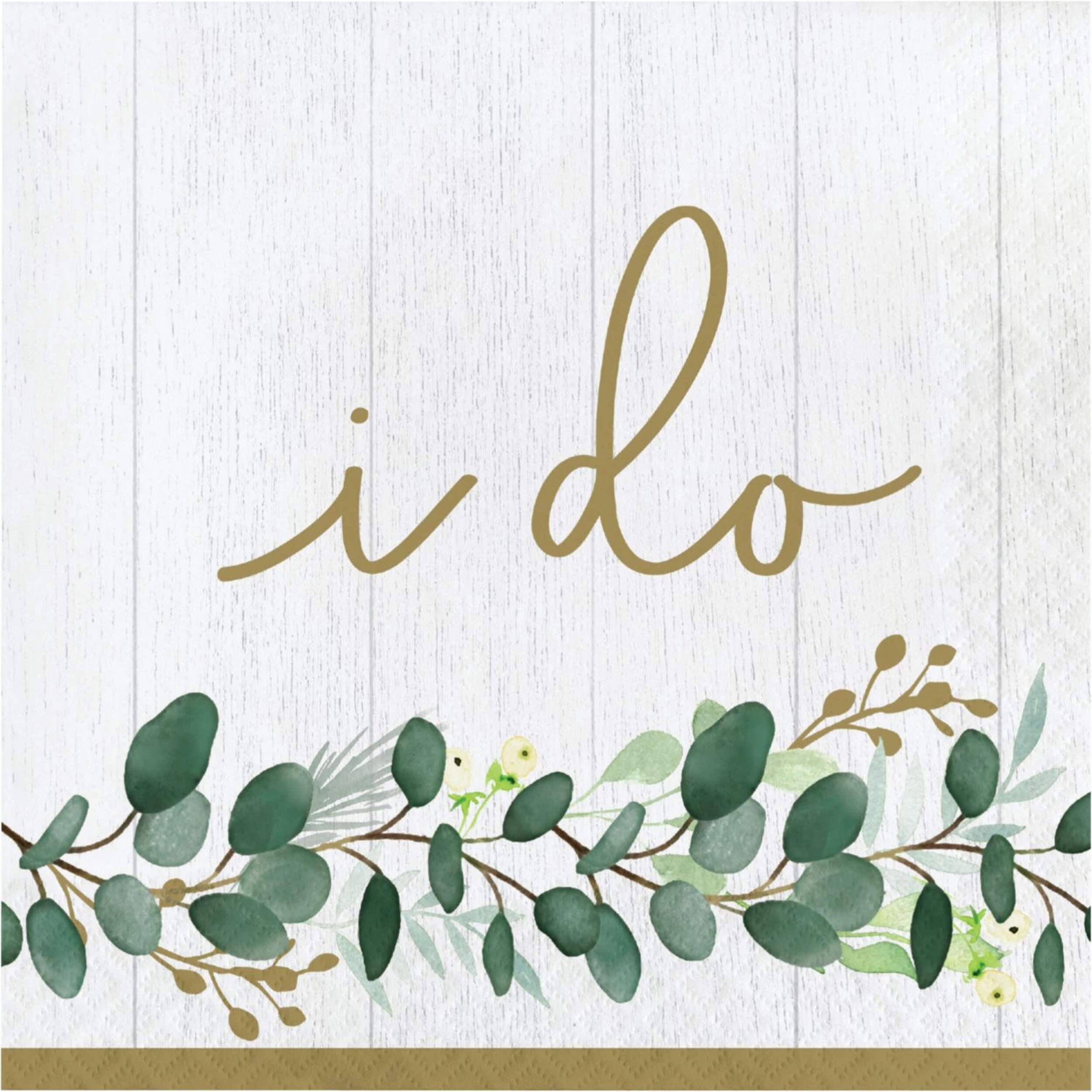 Eucalyptus "I Do" Square Paper Disposable Lunch Napkins, Gold/Green/White, 6.5-in,16-pk, 2-ply, for Bachelorette/Bridal Shower/Engagement Front_Flat