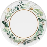 Eucalyptus Round Paper Disposable Dessert Plates, Gold/Green/White, Floral Greenery, 7-in, 8-pk, for Wedding/Engagement/Bridal Shower