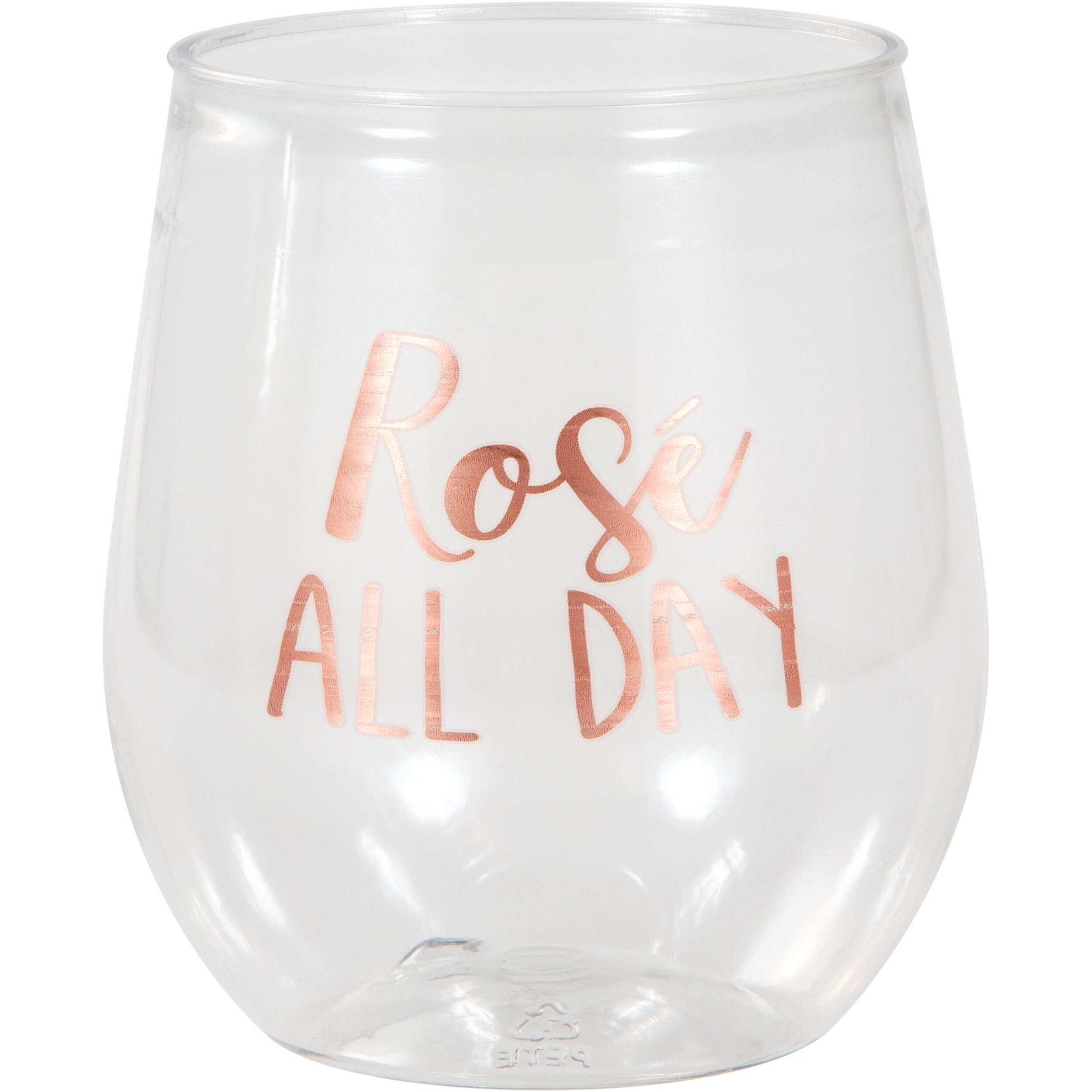 "Rosé All Day" Plastic Reusable Stemless Wine Glasses, Clear/Rose Gold, 14-oz, for Brunch Front_Elevated