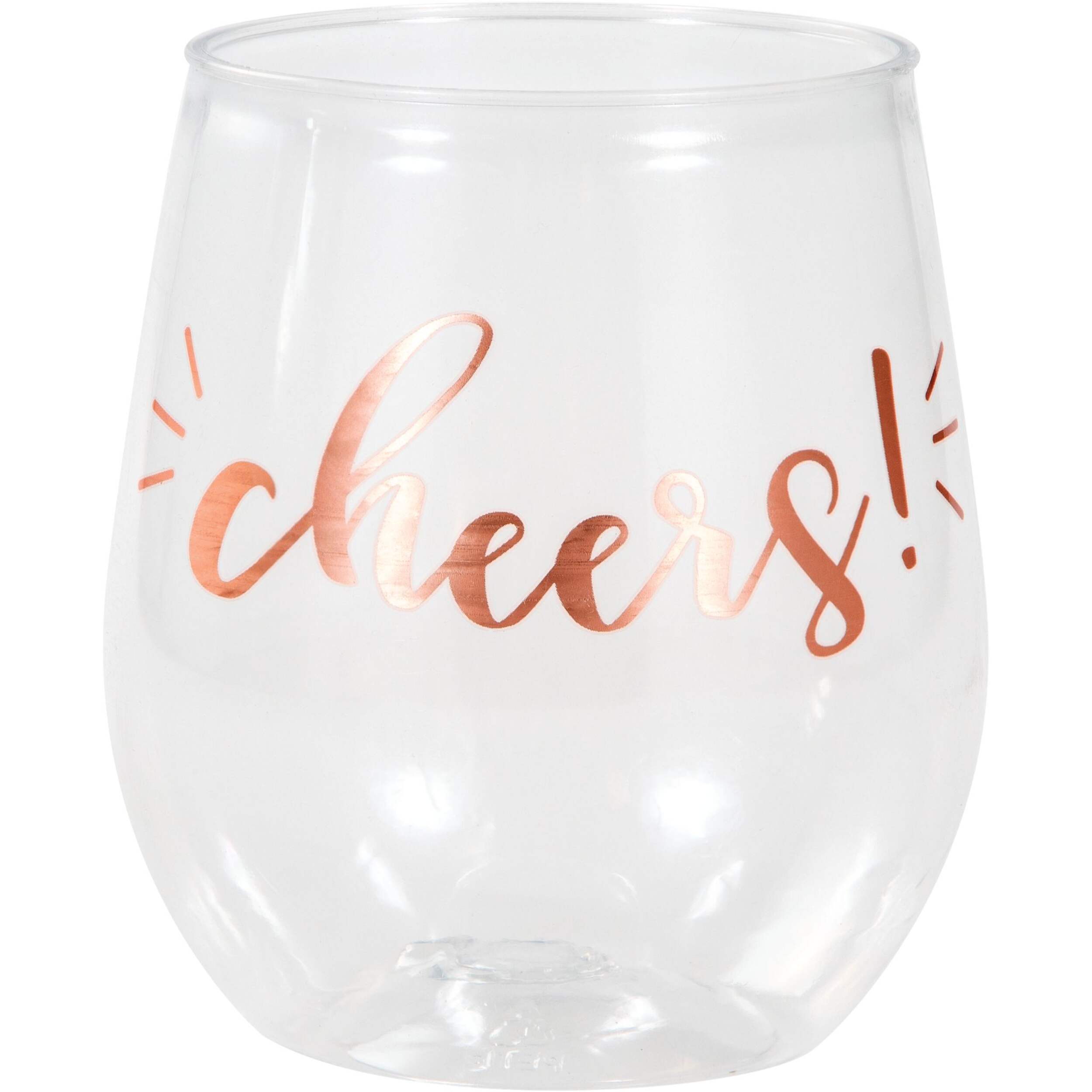"Cheers" Plastic Reusable Stemless Wine Glasses, Clear/Rose Gold, 14-oz, for New Year's Eve/Engagement/Graduation Front_Elevated