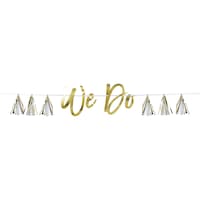 "We Do" Foil Hanging Garland Banner Decoration, White/Gold, 60-in, for Engagement Party Front_Flat