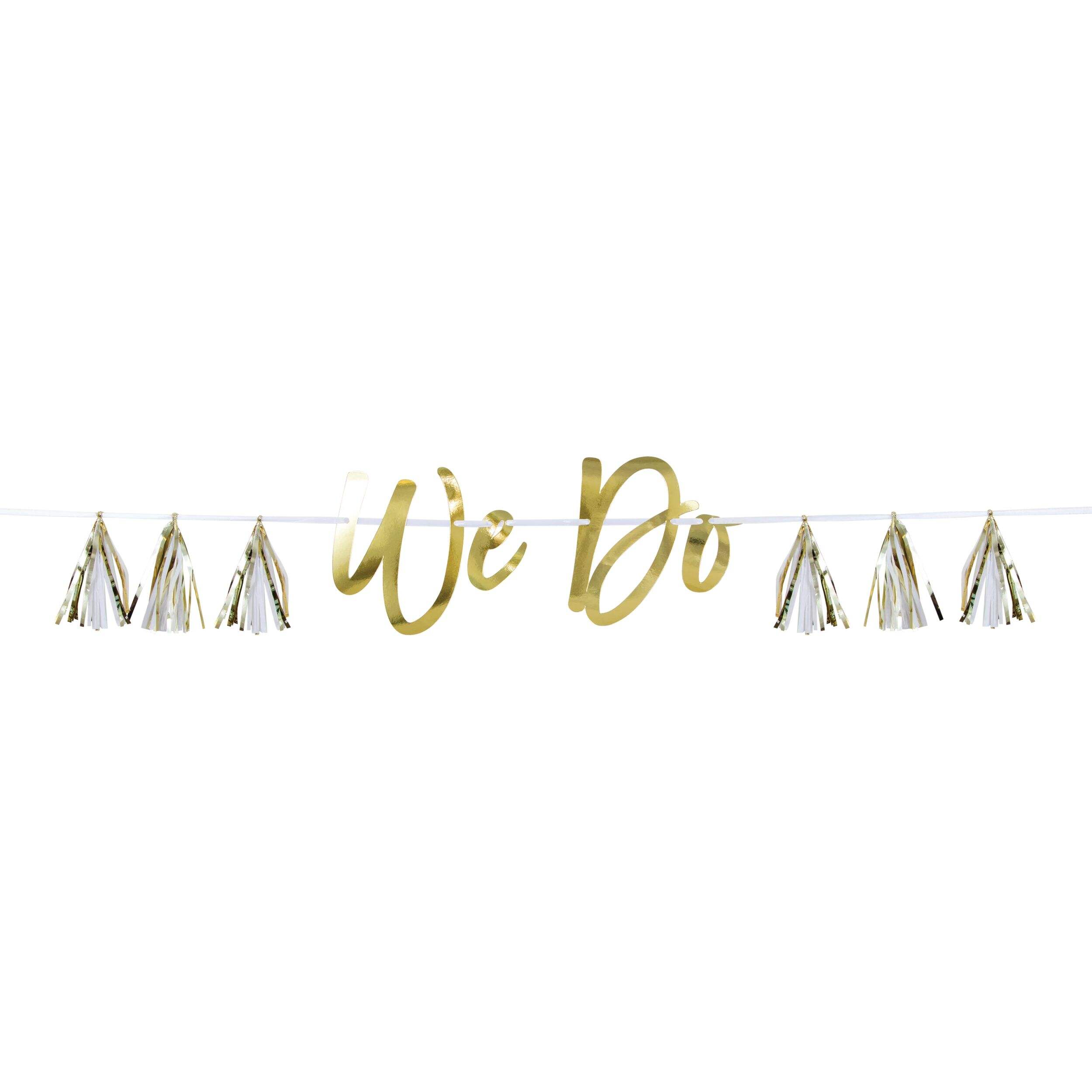 "We Do" Foil Hanging Garland Banner Decoration, White/Gold, 60-in, for Engagement Party Front_Flat