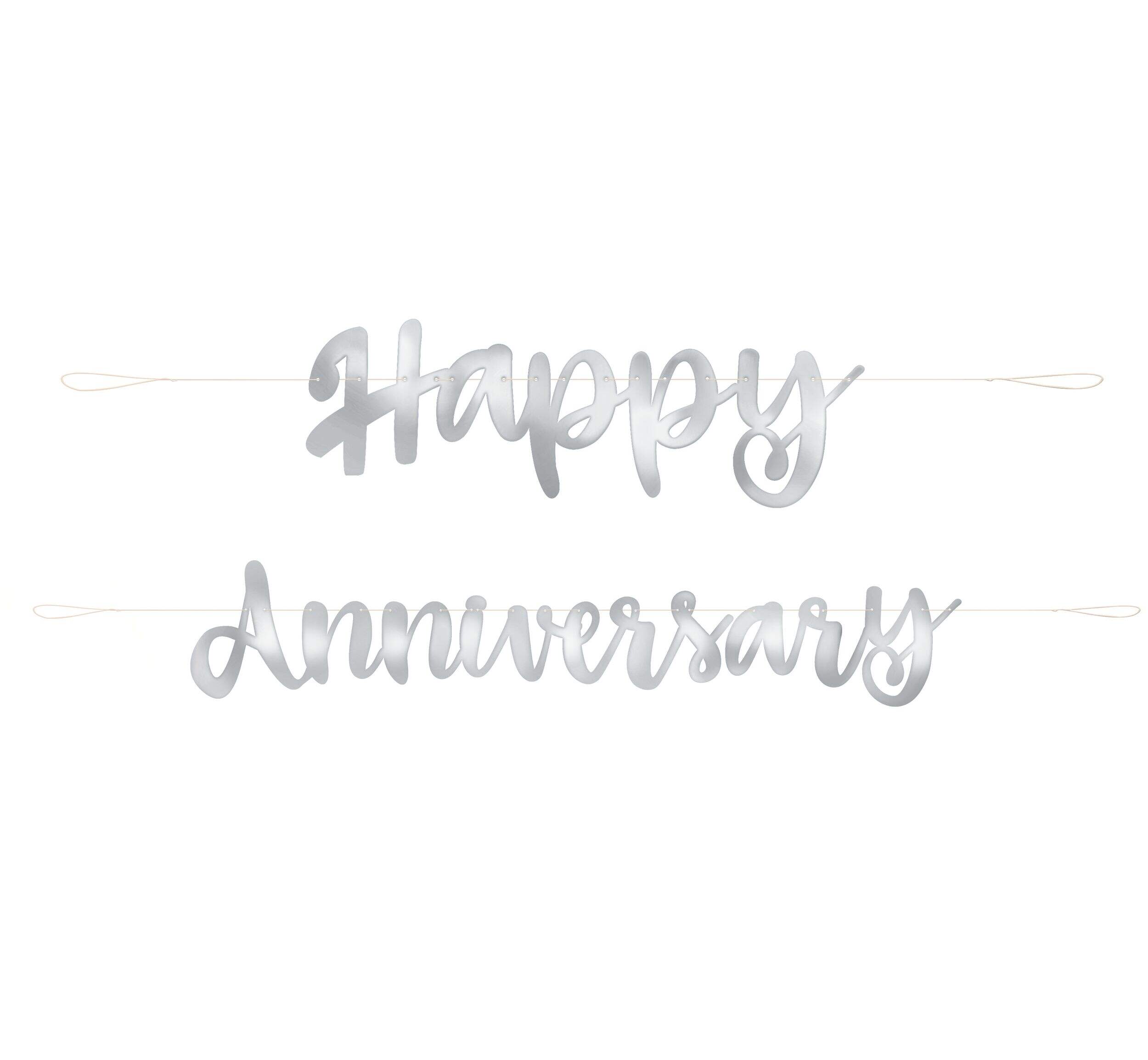 "Happy Anniversary" Foil Hanging Garland Banner Decoration, Silver, 72-in, 2-pk, for Anniversary Party Front_Flat