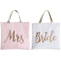 "Mrs" and "Bride" Reversible Tote Bag, Pink/White, 10-in, Wearable for Weddings/Bachelorette Party