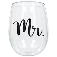 "Mr" Plastic Reusable Stemless Wine Glass, Clear, 18-oz, for Bachelorette/Bridal Shower/Engagement/Wedding
