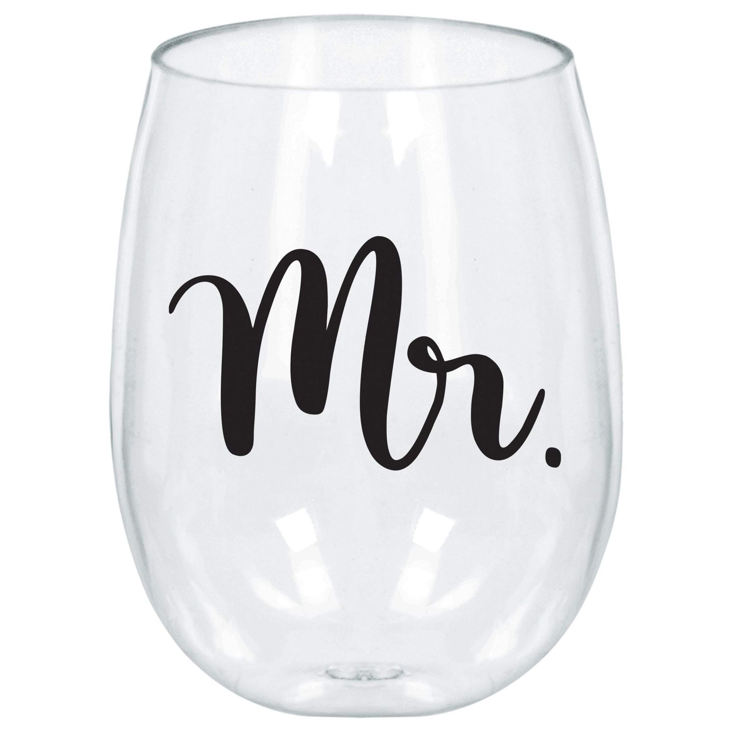 "Mr" Plastic Reusable Stemless Wine Glass, Clear, 18-oz, for Bachelorette/Bridal Shower/Engagement/Wedding Front_Elevated