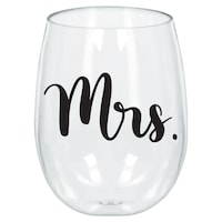 "Mrs" Plastic Reusable Stemless Wine Glass, Clear, 18-oz, for Bachelorette/Bridal Shower/Engagement/Wedding