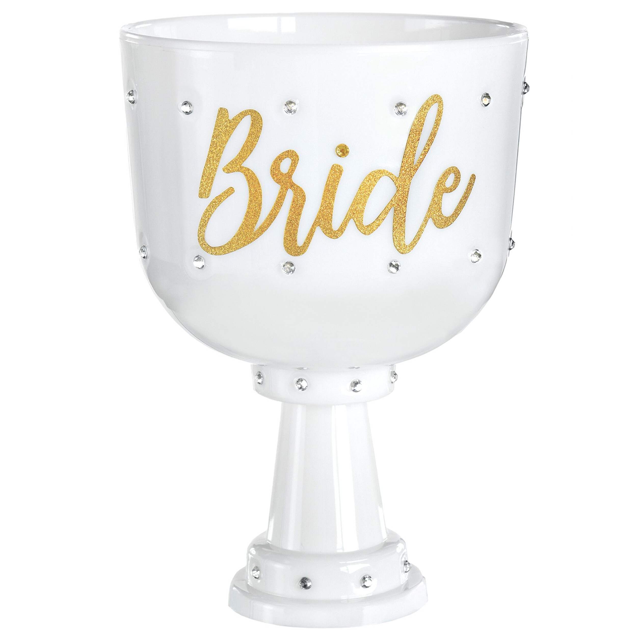 "Bride" Plastic Reusable Goblet Cup, White, 26-oz, for Bachelorette/Bridal Shower/Engagement/Wedding Front_Elevated