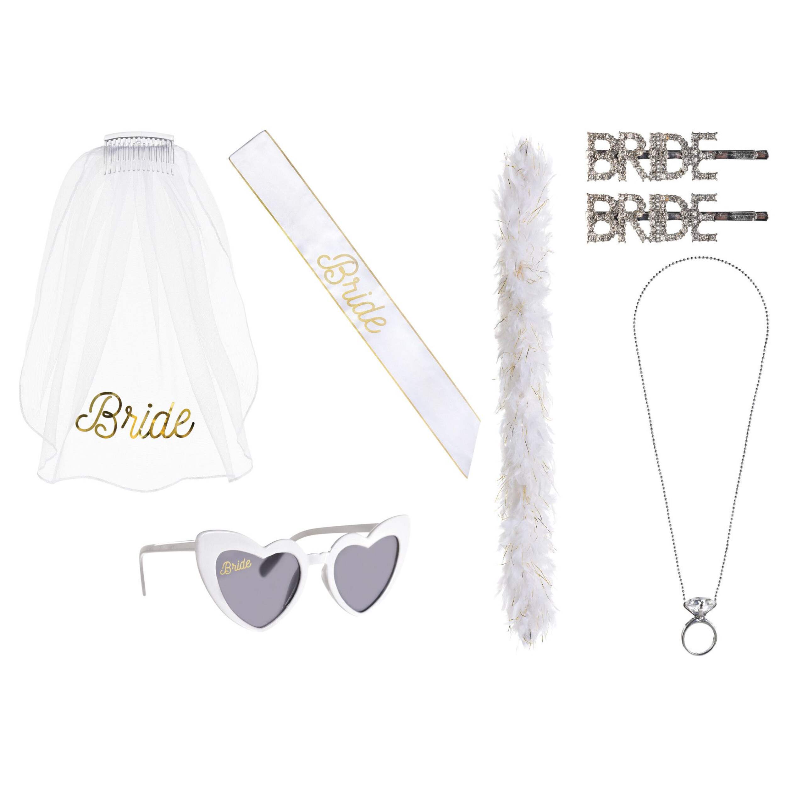 "Bride" Full Bridal Kit with Veil, Sash, Sunglasses, Feather Boa, Barettes & Necklace, White, One Size, 7-pk, Wearable Accessories for Wedding Shower/Bachelorette Party Composite_or_Mixed