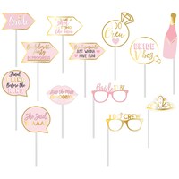 "I Do Crew" Photo Booth Sign Props, Pink/Gold, 5-in, 13-pk, for Bachelorette Party Front_Flat