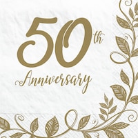 "50th Anniversary" Square Paper Disposable Lunch Napkins, White/Gold, 6.5-in, 16-pk, 2-ply, for Anniversary Party Front_Flat