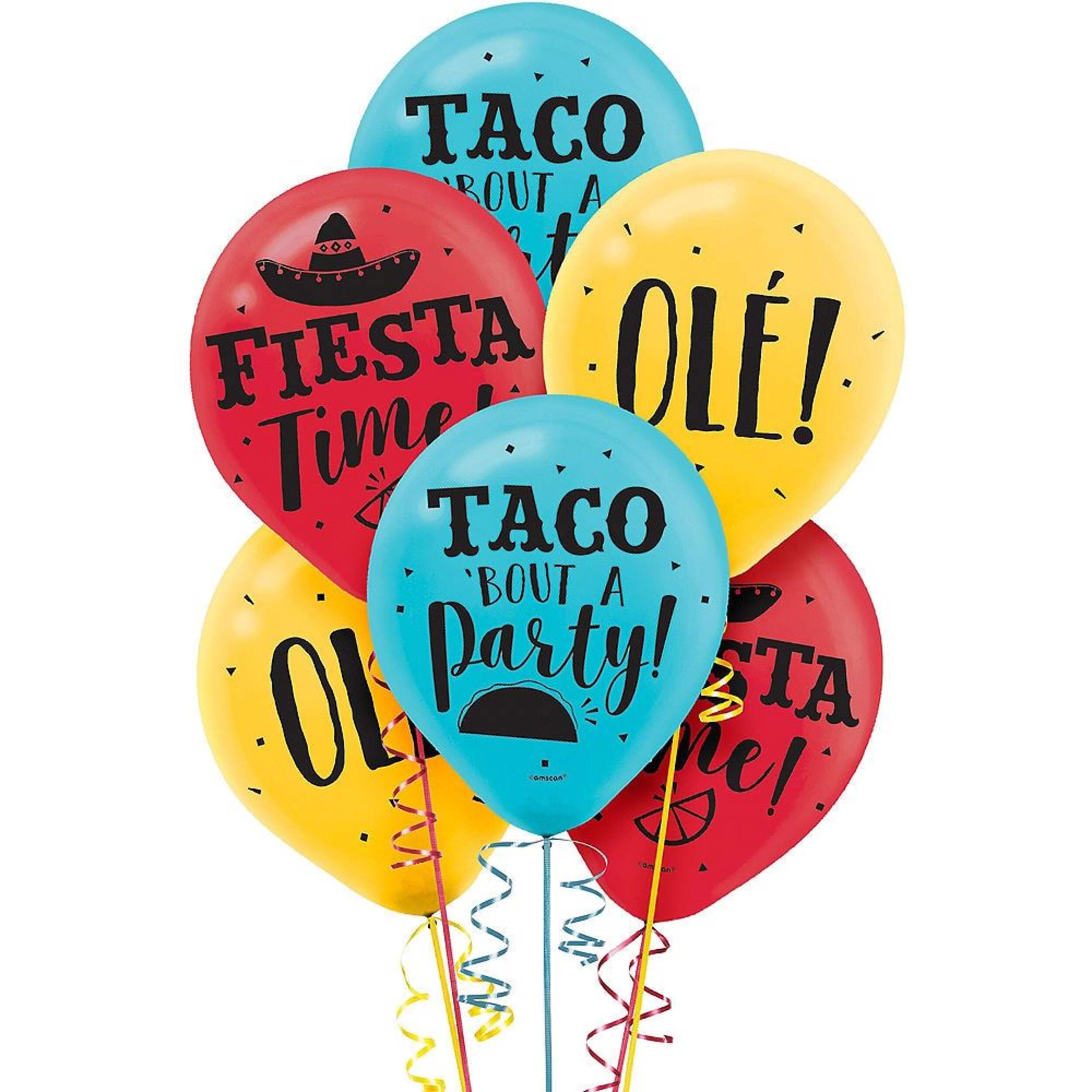 Fiesta "Taco 'Bout A Party" Round Latex Balloons, Blue/Red/Yellow, 12-in, 15-pk, for Fiesta/Cinco de Mayo Front_Flat