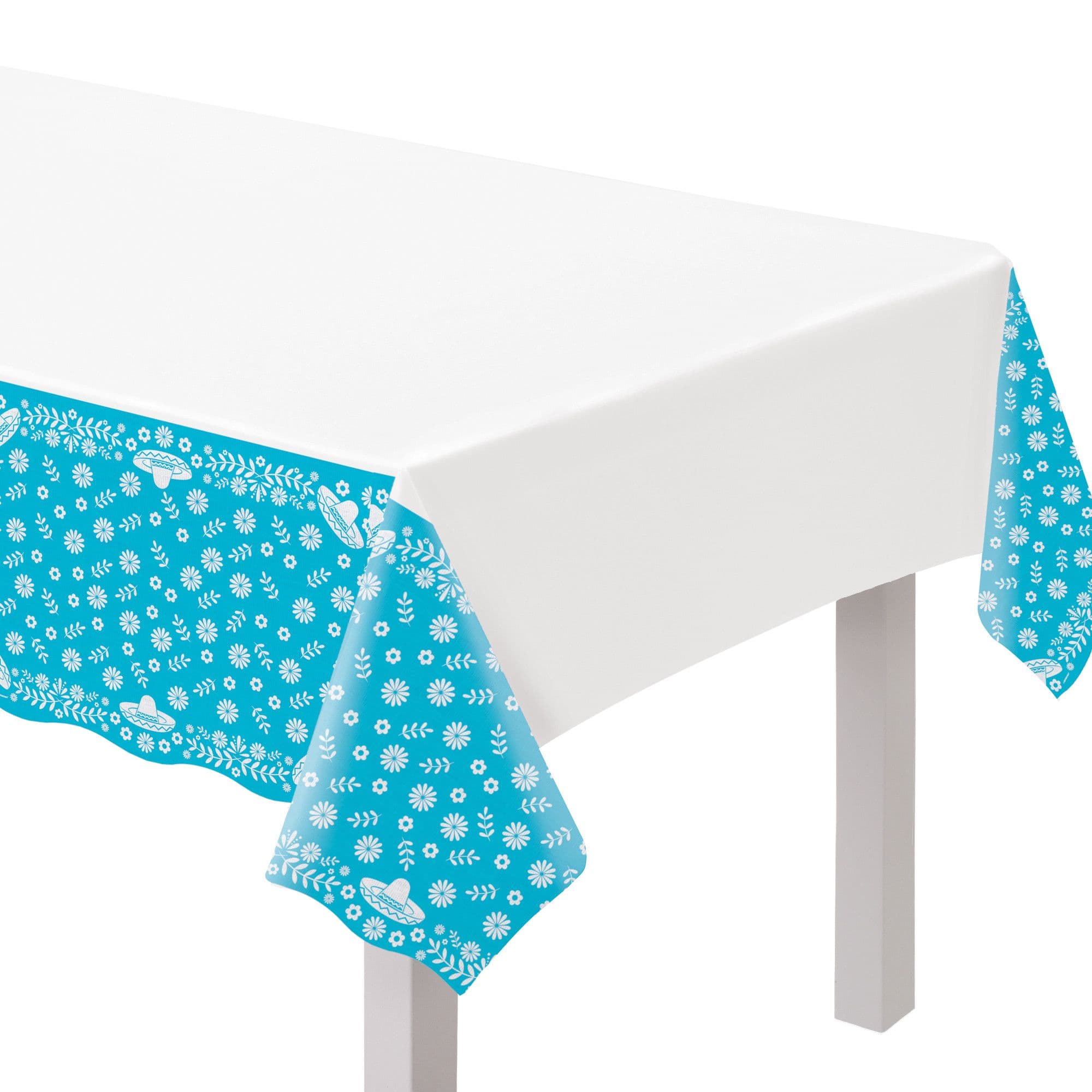 Fiesta Rectangle Plastic Reusable Table Cover, White/Blue, 54x102