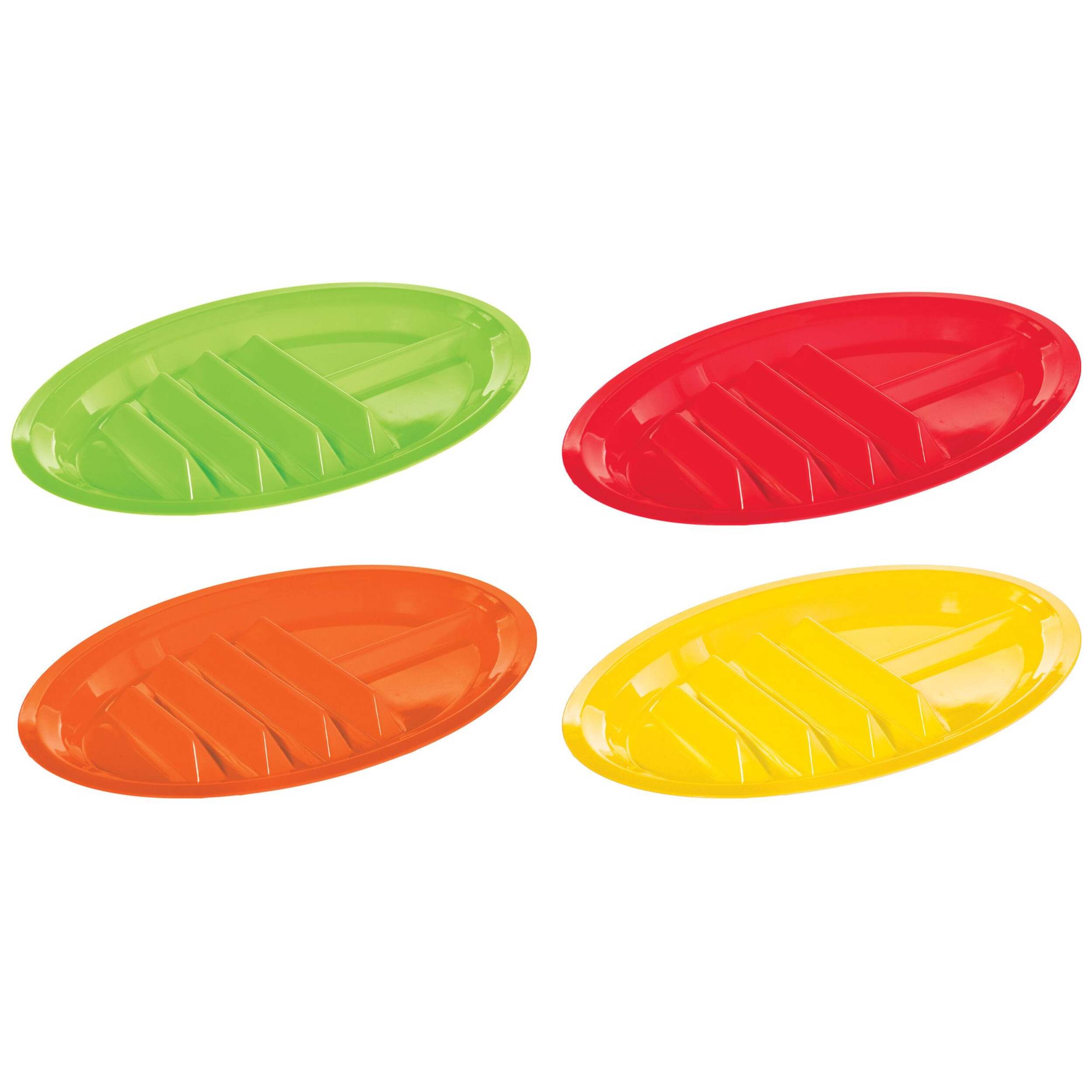 Fiesta Oval Divided Plastic Reusable Dinner Plates, Green/Red/Orange/Yellow, 13-in, 4-pk, for Cinco de Mayo/Fiesta/Summer Party Overhead_Plunge