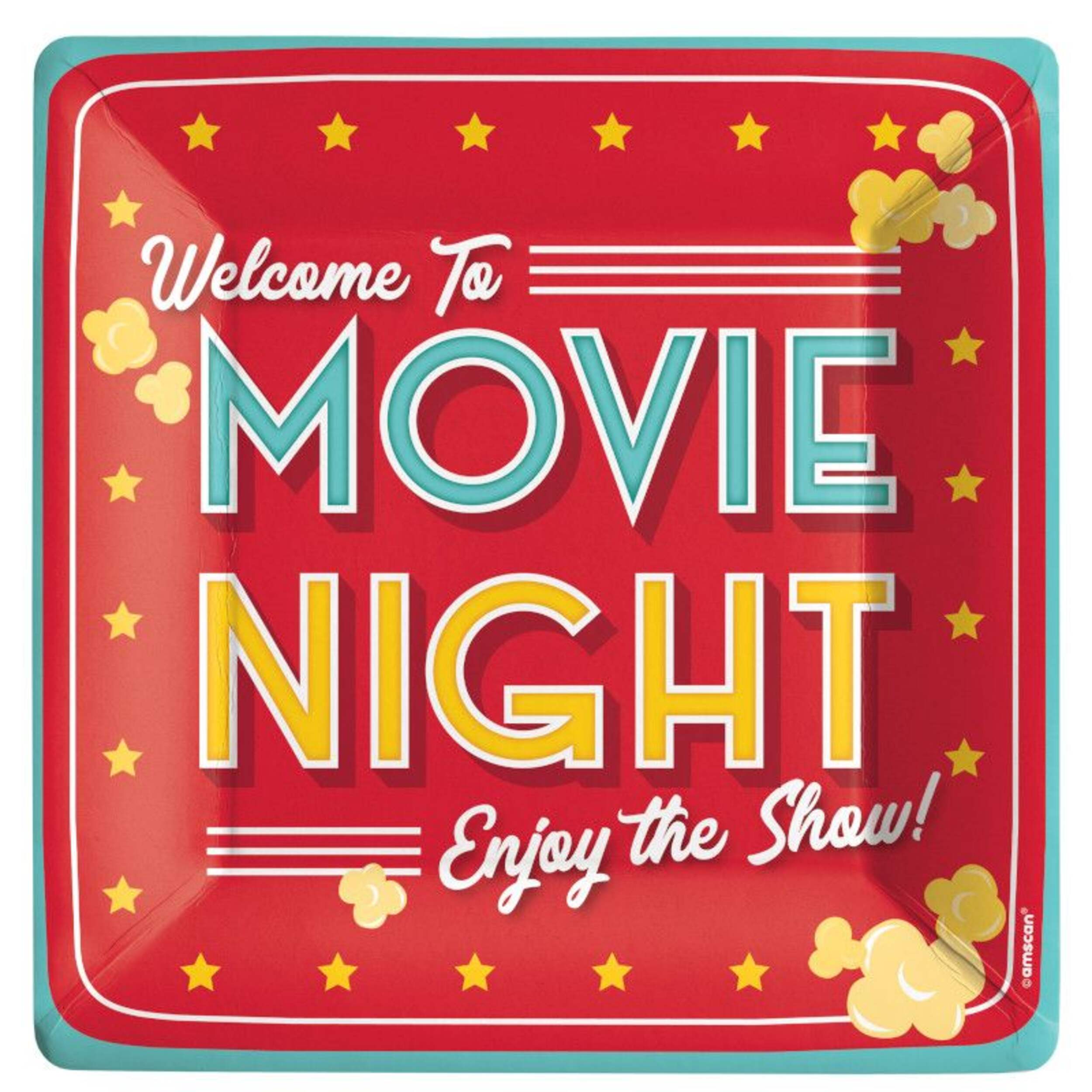 Movie Night "Welcome to Movie Night, Enjoy the Show" Square Paper Disposable Dinner Plates, Red/Yellow, 10-in, 20-pk,for Movie Nights/Carnival Overhead_Flat