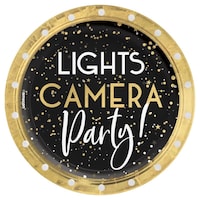 Awards Night "Lights Camera Party" Round Paper Disposable Dessert Plates, Gold/Black, 7-in, 8-pk, for Oscar/Movie Night/Graduation