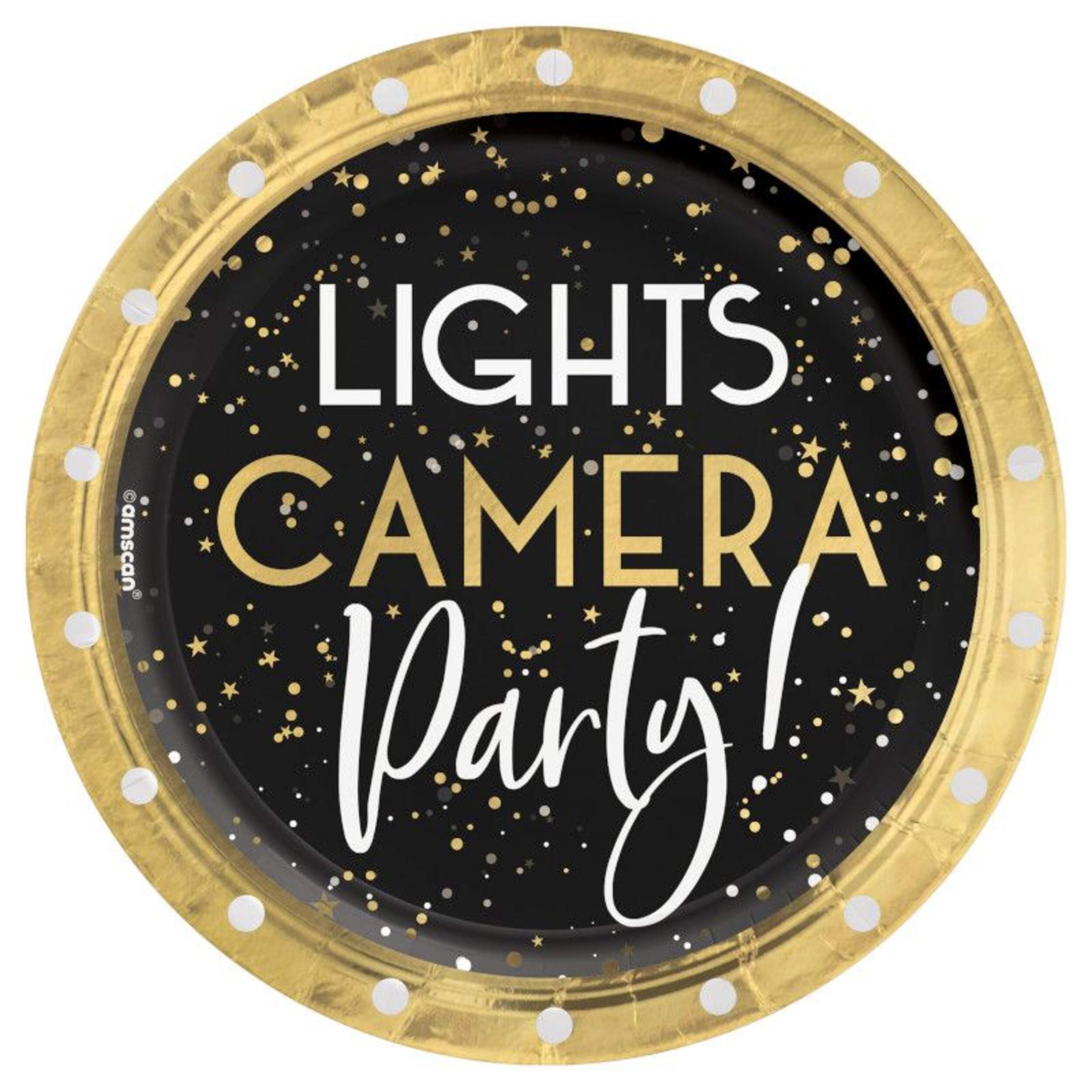 Awards Night "Lights Camera Party" Round Paper Disposable Dessert Plates, Gold/Black, 7-in, 8-pk, for Oscar/Movie Night/Graduation Overhead_Flat
