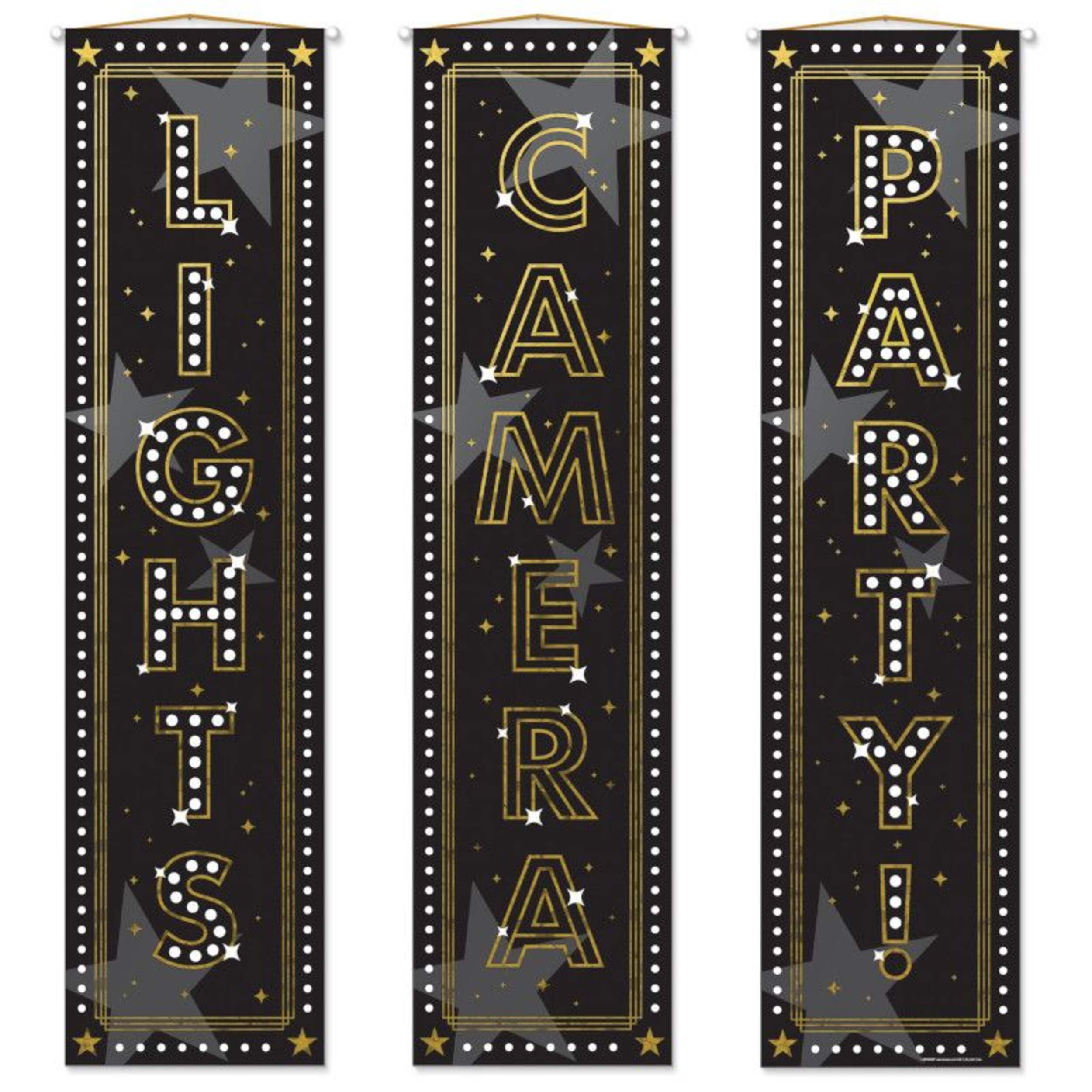 Awards Night "Lights! Camera! Action!" Plastic Scene Setter Background Decorations, Black/Gold, 20-in, 3-pk, for Movie/Awards/Oscar Party Front_Flat