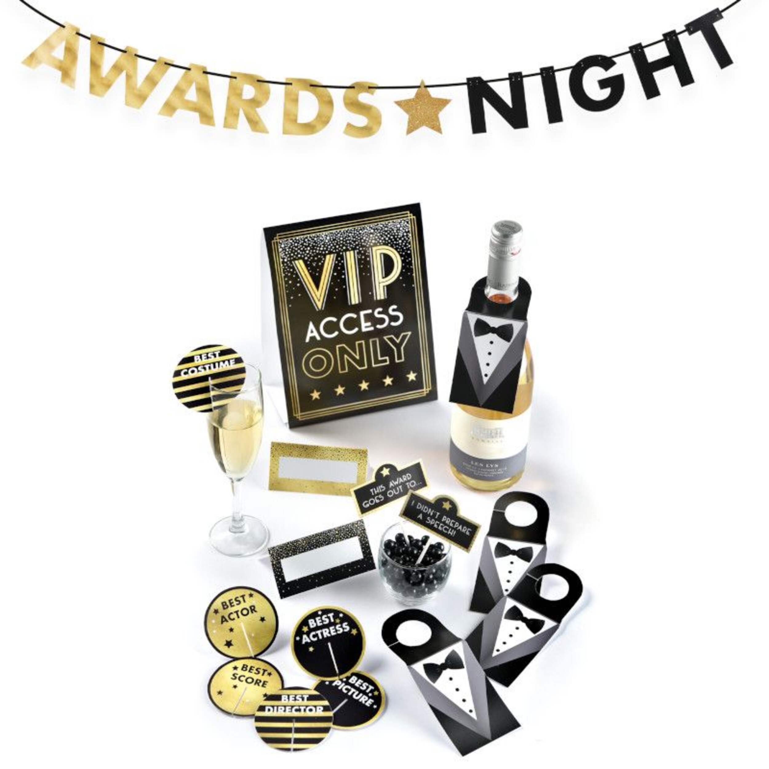 Awards Night "VIP Access" Room & Table Centerpiece Decorating Kit with Food Cards & Banner, Black/Gold, 15-in, 14-pk, for Movie/Awards/Oscar Party Composite_or_Mixed