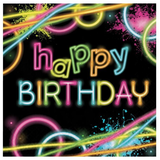 Glow "Happy Birthday" Square Paper Disposable Lunch Napkins, Black/Neon, 6.5-in, 16-pk, 2-ply, for Birthday Party Front_Flat