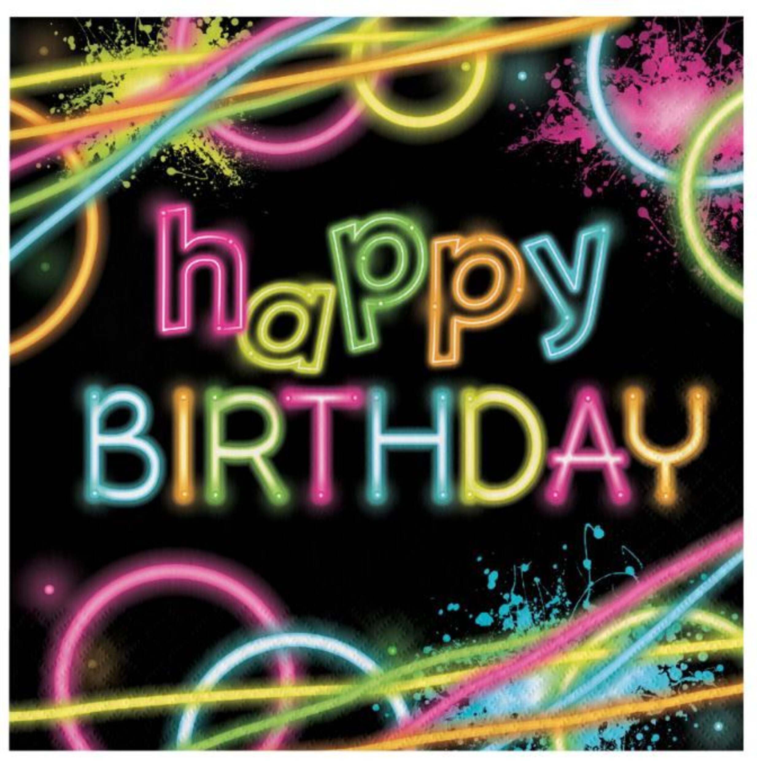 Glow "Happy Birthday" Square Paper Disposable Lunch Napkins, Black/Neon, 6.5-in, 16-pk, 2-ply, for Birthday Party Front_Flat