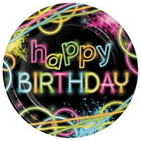 Glow "Happy Birthday" Round Paper Disposable Lunch Plates, Black/Neon, 9-in, 8-pk, for Birthday Party Front_Flat