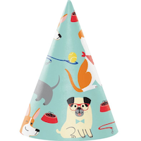 Chapeau de fête d'anniversaire en forme de cône à motif de chien, multicolore, taille unique, paq. 8, accessoires à porter pour anniversaires Front_Flat