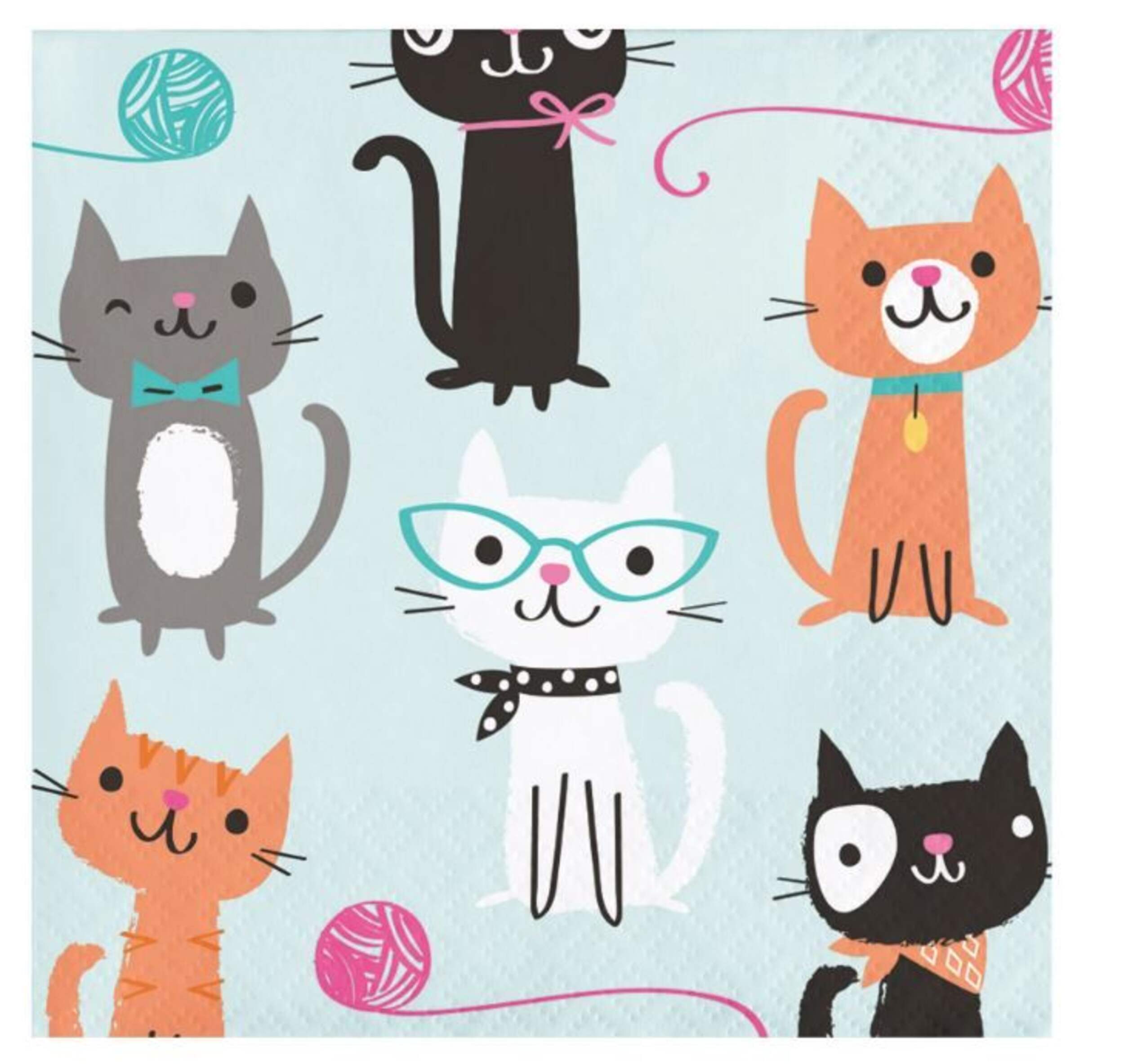 Cat Party Square Paper Disposable Beverage Napkins, Blue, 5-in, 16-pk, 2-ply, for Birthday Party Front_Flat