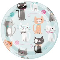 Cat Party Round Paper Disposable Dessert Plates, Blue, 7-in, 8-pk, for Birthday Party Front_Flat