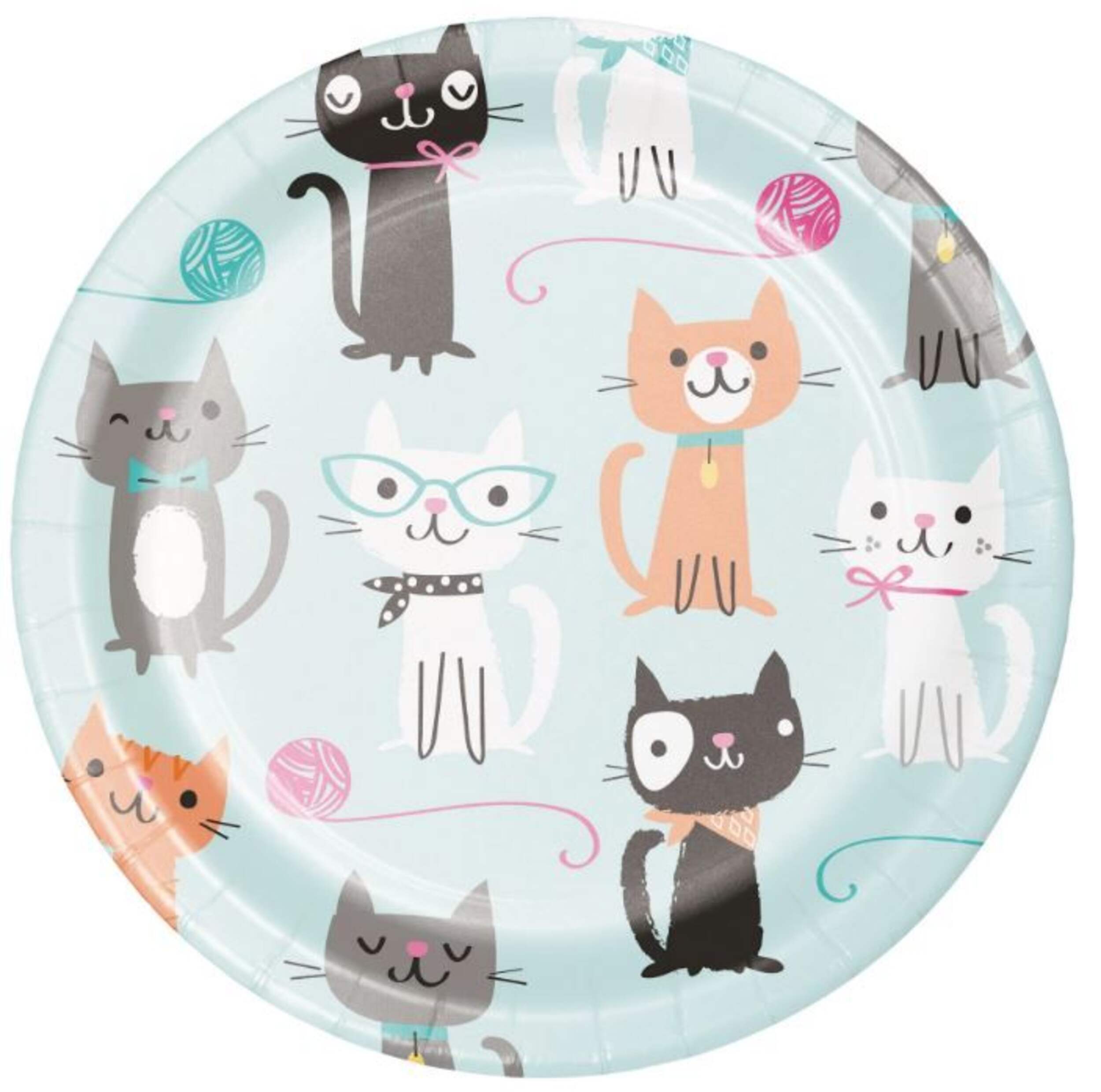 Cat Party Round Paper Disposable Dessert Plates, Blue, 7-in, 8-pk, for Birthday Party Front_Flat