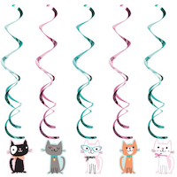 Cat Party Swirl Hanging Decorations, Green/Pink, 3.25-ft, 5-pk, for Birthday Party Front_Flat