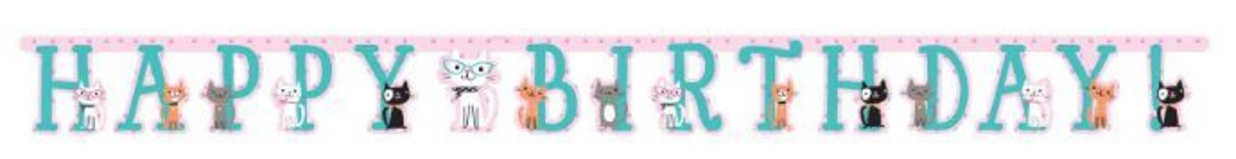 Cat Party "Happy Birthday" Hanging Garland Banner Decoration, Blue, 7-ft, for Birthday Party Front_Flat