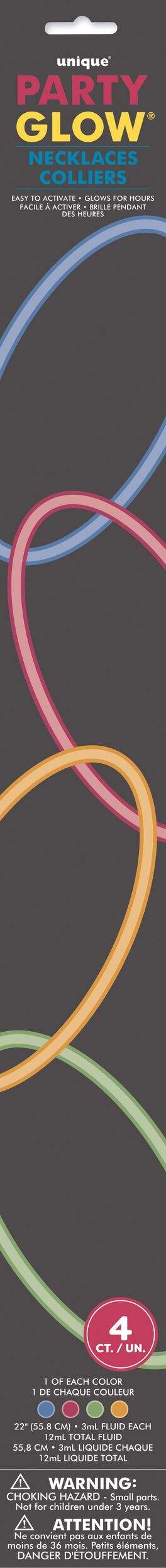 Neon Glow-in-the-Dark Necklaces Jewelry, Multi-Coloured, 22-in, 4-pk, Wearable Glow Party Accessories for New Years Eve Front_Flat