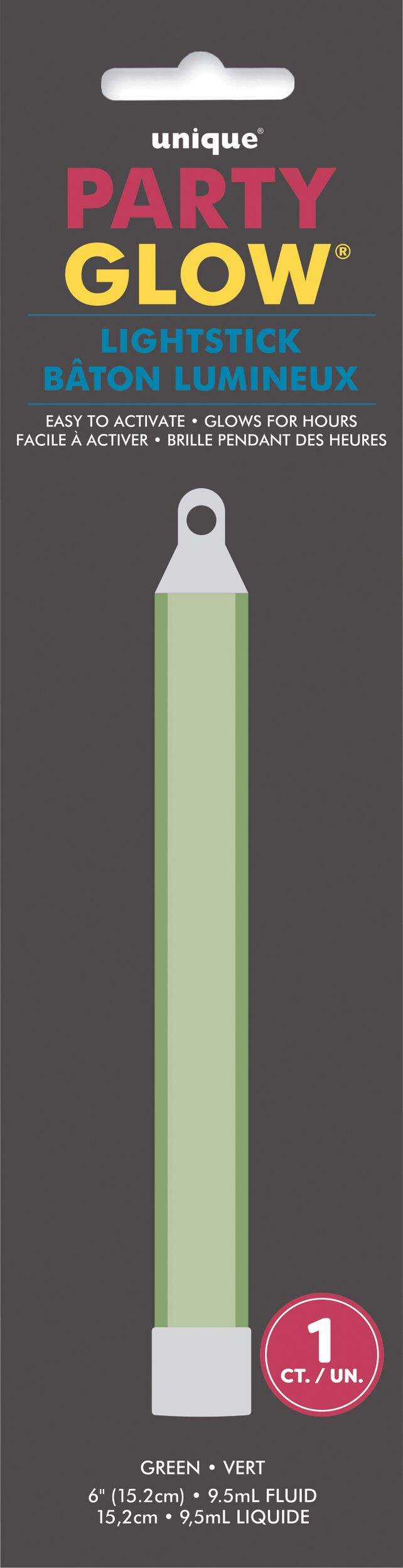 Glow-in-the-Dark Neon Light Stick, Green, for Birthday/Canada Day/Summer Party Front_Flat