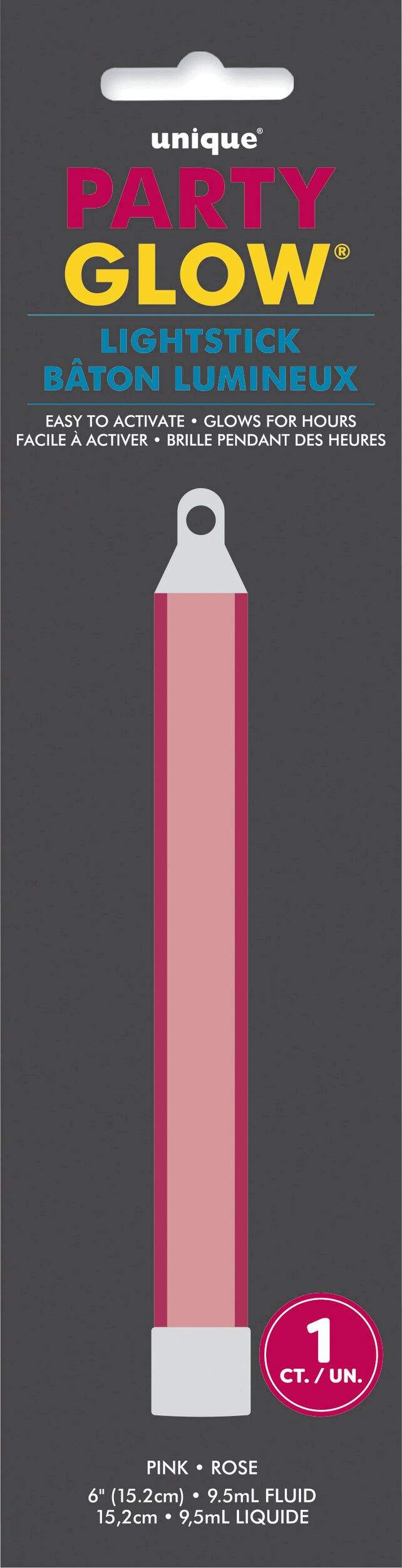 Glow-in-the-Dark Neon Light Stick, Pink, for Birthday/Canada Day/Summer Party Front_Flat