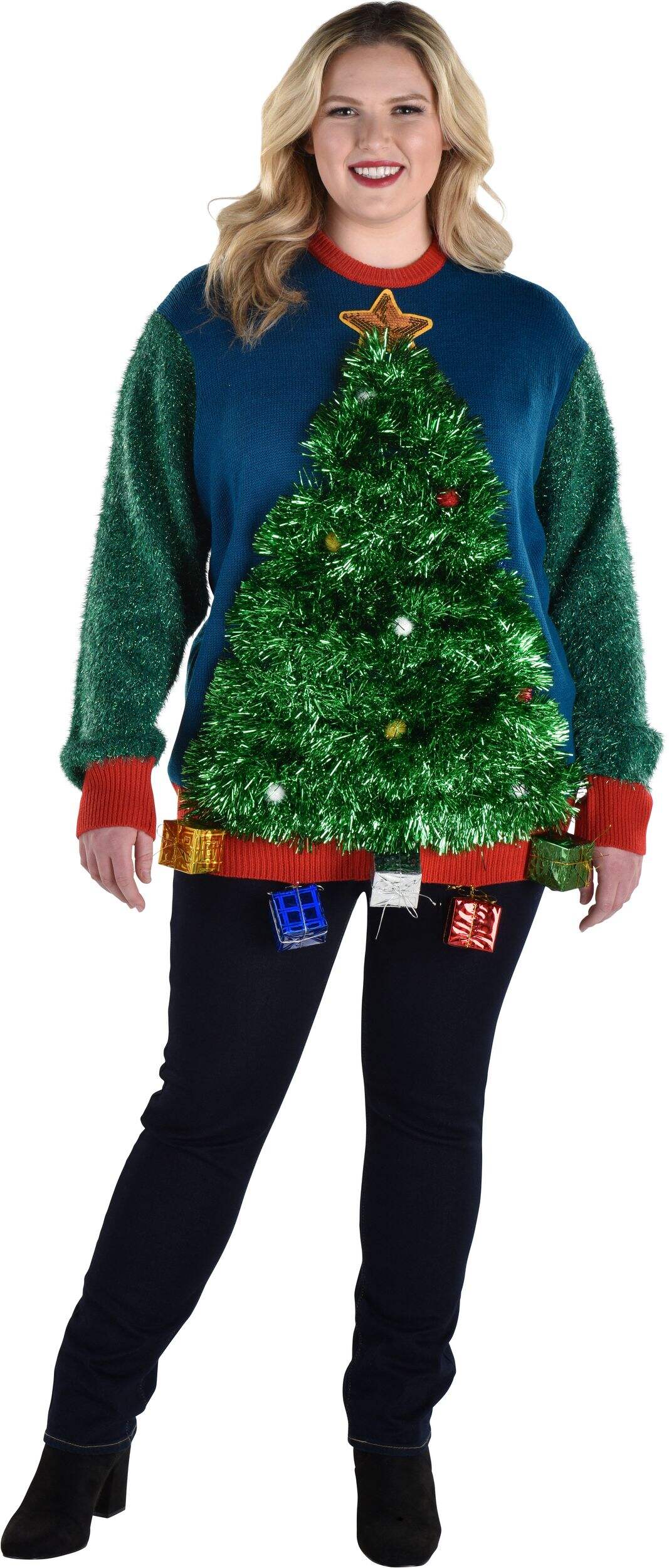 Adult 3D Tinsel Tree Ugly Sweater, Green/Blue, L/XL, for Christmas Front_Flat