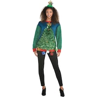 Adult 3D Tinsel Tree Ugly Sweater, Green/Blue, S/M, for Christmas Front_Flat