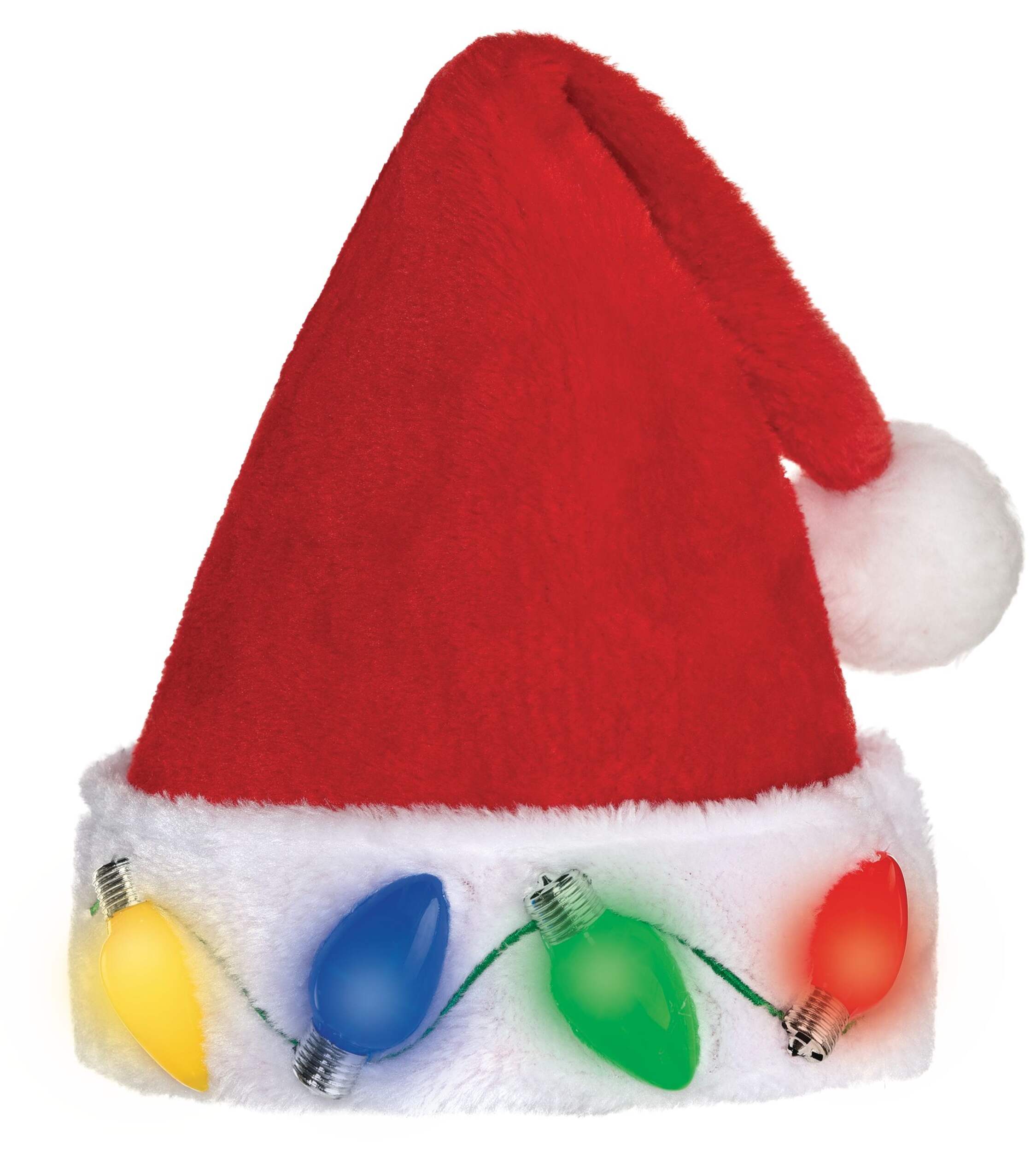 Light-Up Plush Santa Hat, Red/White, One Size, for Christmas Front_Flat