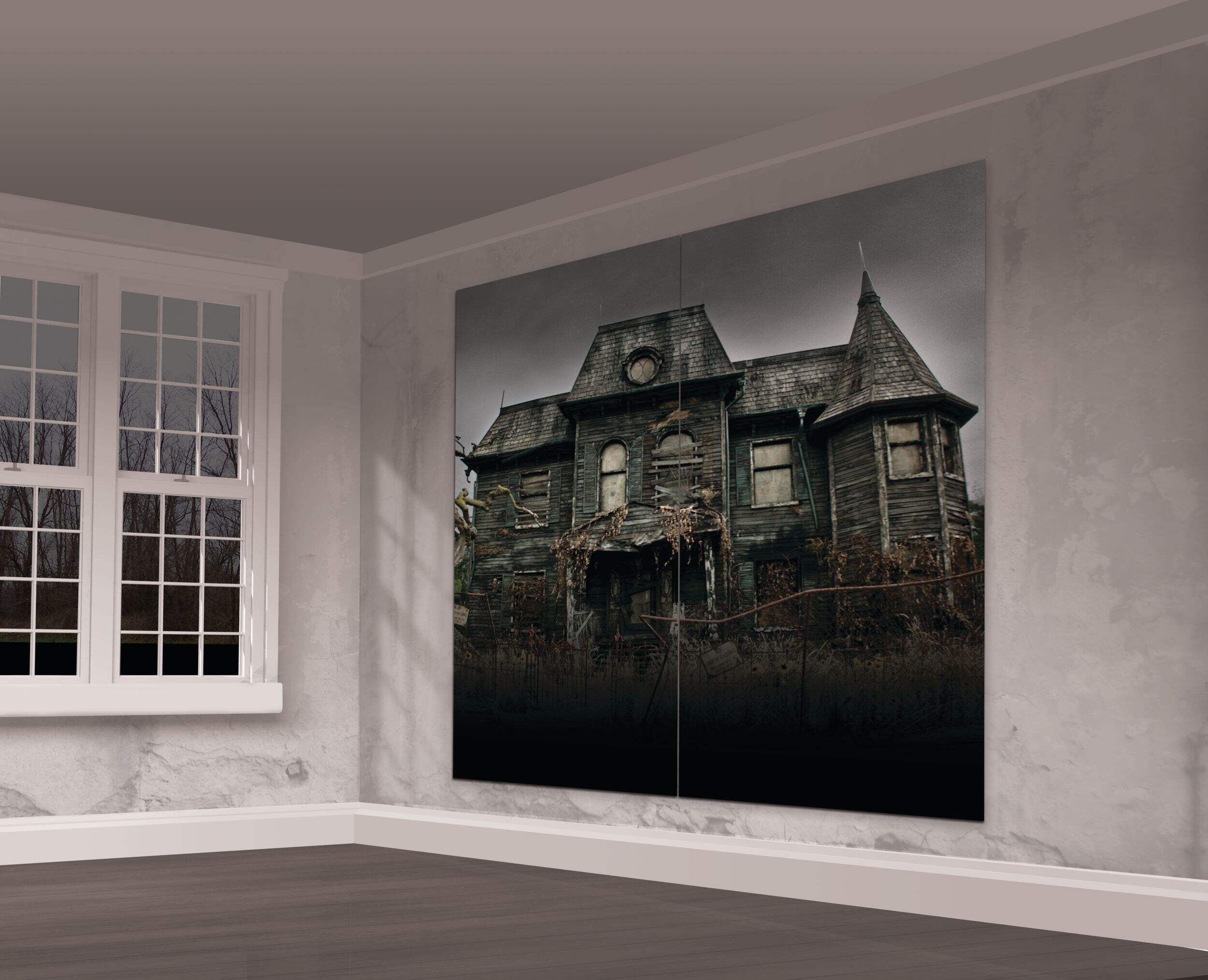 IT Neibolt House Scene Setter Background, Brown Wood Print, 32.5-in, 2-pk, Indoor Decoration for Halloween Front_Angled_Left