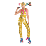 Women's DC Birds of Prey Harley Quinn Pink/Gold Jumpsuit with Shirt Halloween Costume, Assorted Sizes Front_Flat