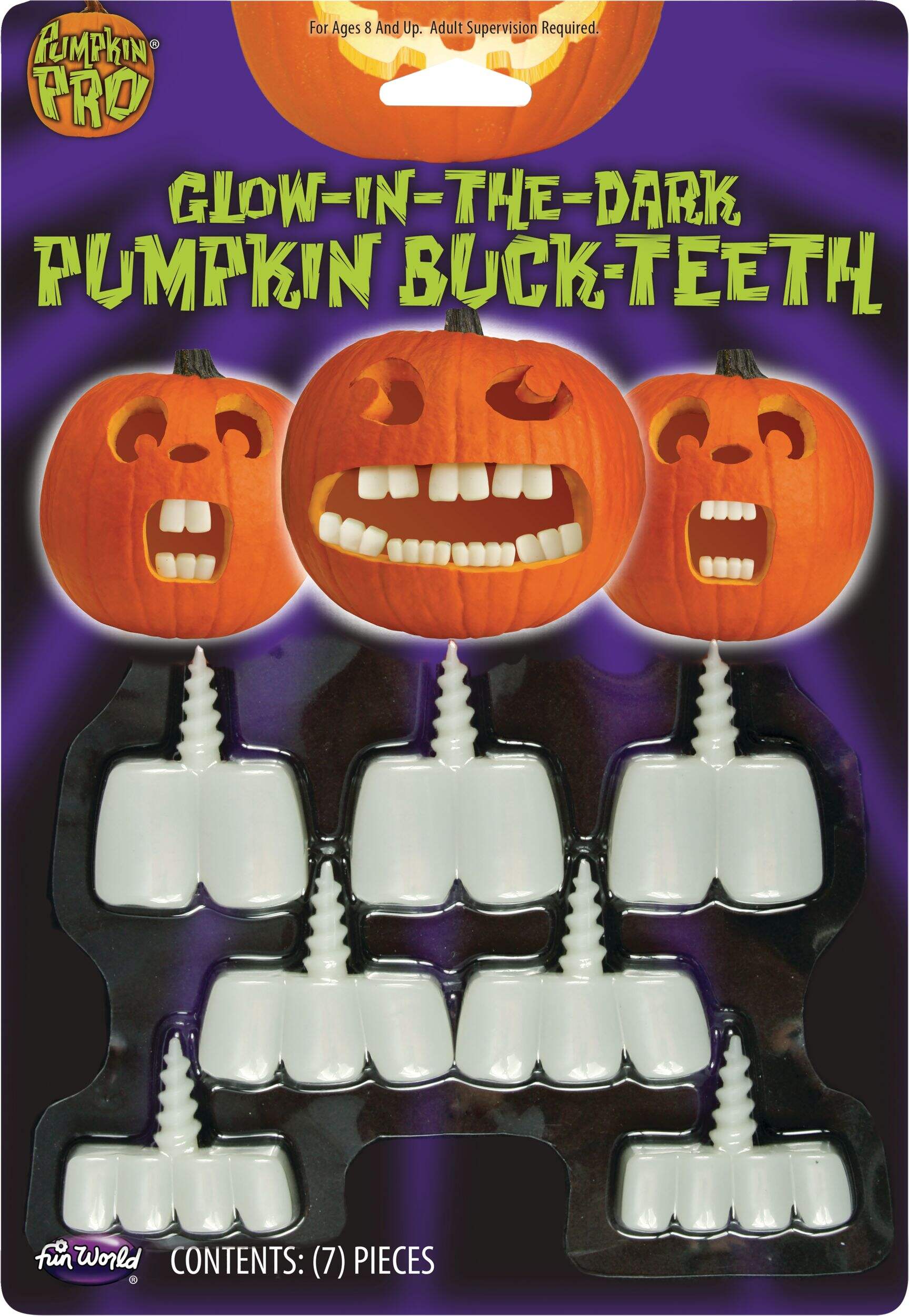 Dents et crocs phosphorescents pour citrouille, blanc, 1 po, paq. 7, décorations d'intérieur et d'extérieur pour l'Halloween Front_Flat