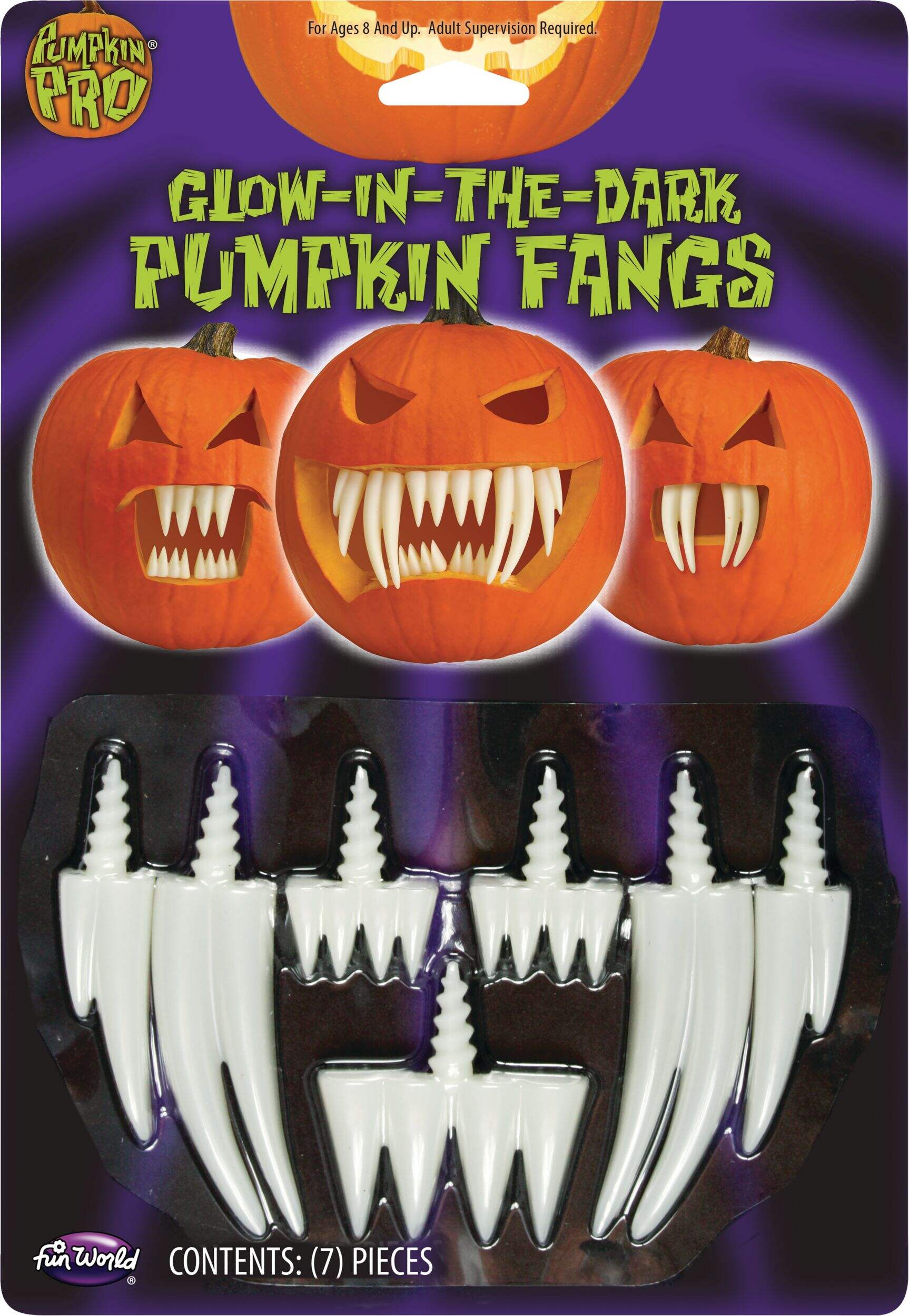 Glow-In-The-Dark Pumpkin Fangs, White, 1-in, 7-pk, Indoor/Outdoor Decoration for Halloween Front_Flat