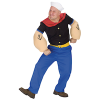 Men's Popeye Black/Red/Blue Sailorman Padded Jumpsuit  with Hat Halloween Costume, Plus Size Front_Angled_Left