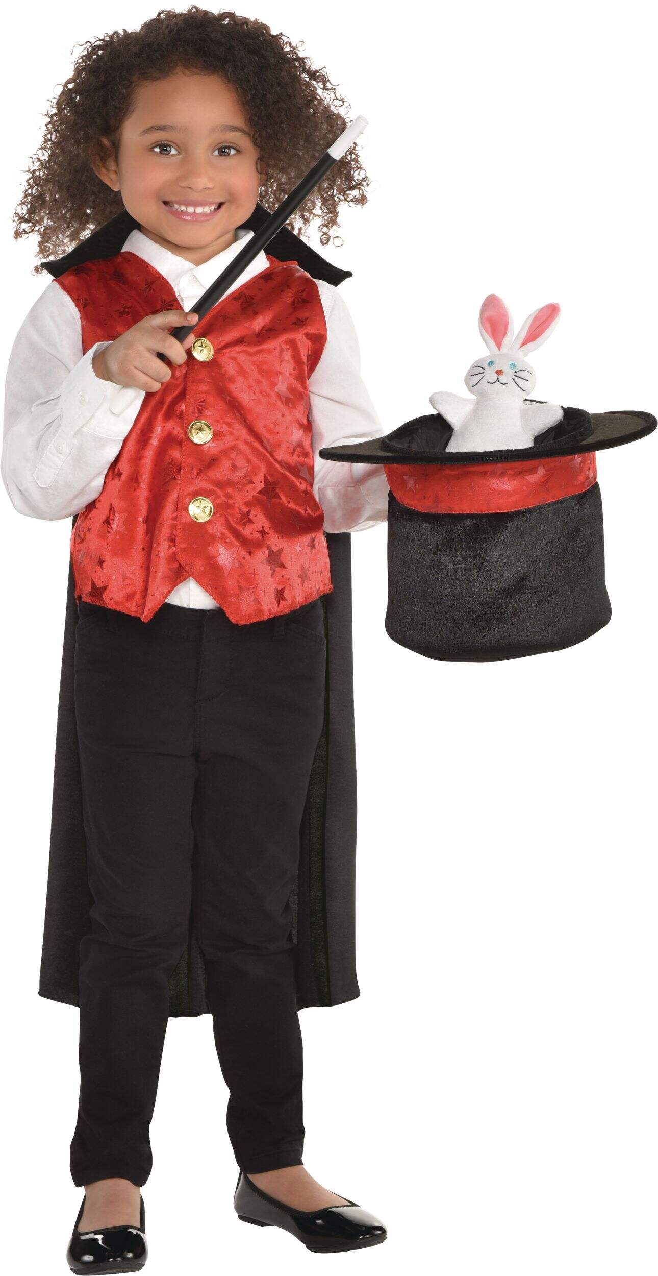 Kids' Magician Black/Red Outfit with Vest/Cape/Hat/Wand Halloween Costume, One Size Front_Flat